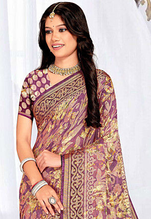 Foil Printed Georgette Brasso Saree in Purple
