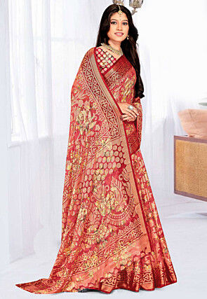 Foil Printed Georgette Brasso Saree in Red