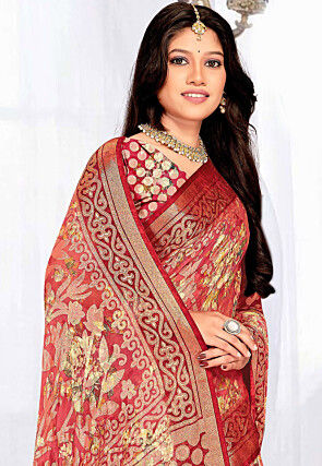 Foil Printed Georgette Brasso Saree in Red