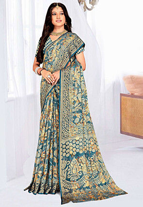 Foil Printed Georgette Brasso Saree in Teal Blue