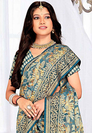 Foil Printed Georgette Brasso Saree in Teal Blue