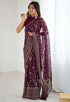 Foil Printed Georgette Brasso Saree in Wine
