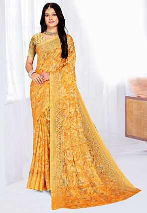 Foil Printed Georgette Brasso Saree in Yellow
