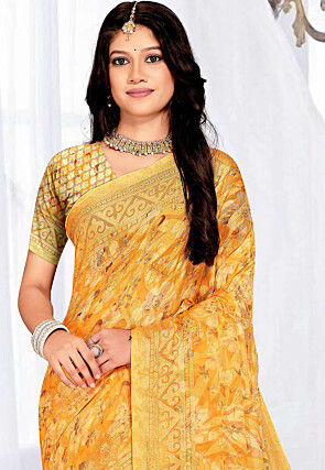 Foil Printed Georgette Brasso Saree in Yellow