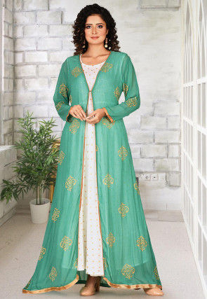 Foil Printed Georgette Jacket Style Gown in Green and White