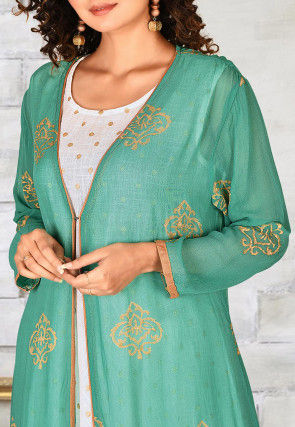 Foil Printed Georgette Jacket Style Gown in Green and White