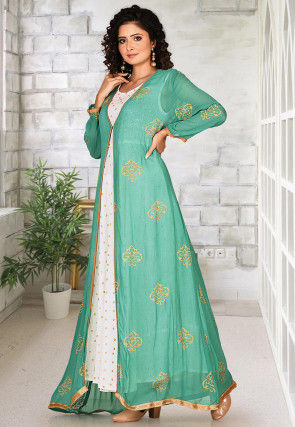 Foil Printed Georgette Jacket Style Gown in Green and White
