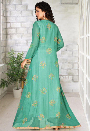 Foil Printed Georgette Jacket Style Gown in Green and White