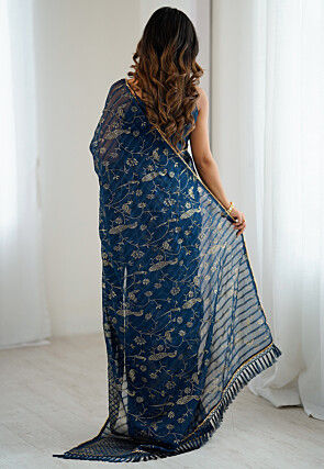 Foil Printed Georgette Jacquard Saree in Blue