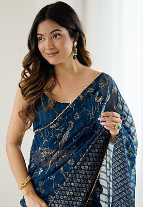 Foil Printed Georgette Jacquard Saree in Blue