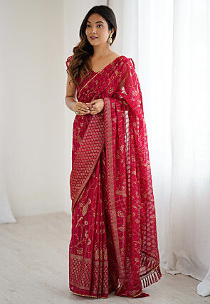 Foil Printed Georgette Jacquard Saree in Fuchsia