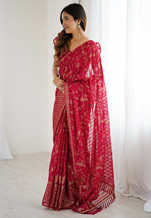 Foil Printed Georgette Jacquard Saree in Fuchsia