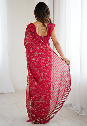 Foil Printed Georgette Jacquard Saree in Fuchsia