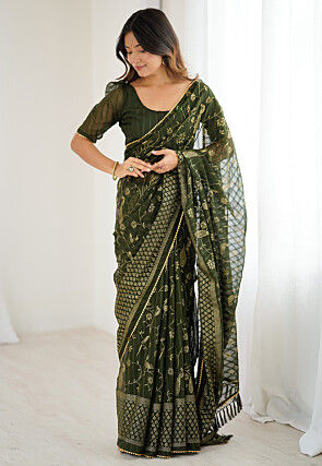 Foil Printed Georgette Jacquard Saree in Olive Green