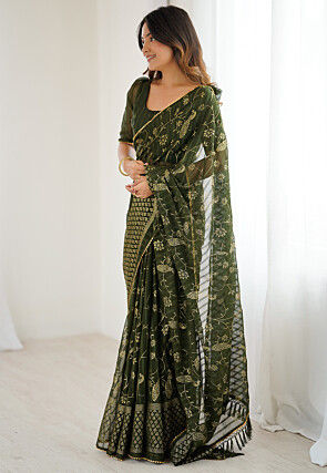 Foil Printed Georgette Jacquard Saree in Olive Green