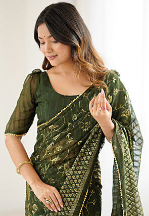 Foil Printed Georgette Jacquard Saree in Olive Green