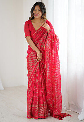 Foil Printed Georgette Jacquard Saree in Pink