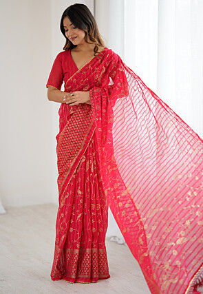 Foil Printed Georgette Jacquard Saree in Pink