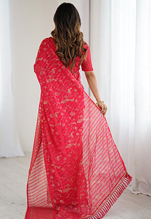Foil Printed Georgette Jacquard Saree in Pink