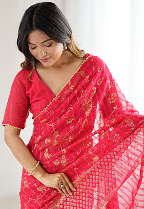 Foil Printed Georgette Jacquard Saree in Pink