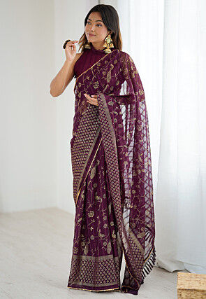 Foil Printed Georgette Jacquard Saree in Wine
