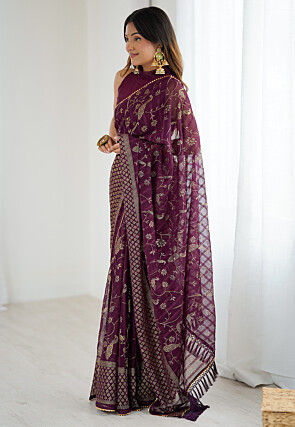 Foil Printed Georgette Jacquard Saree in Wine