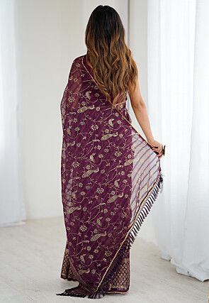 Foil Printed Georgette Jacquard Saree in Wine