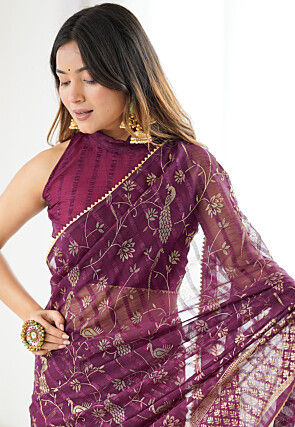 Foil Printed Georgette Jacquard Saree in Wine