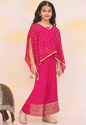 Foil Printed Georgette Kaftan Kurta Set in Fuchsia