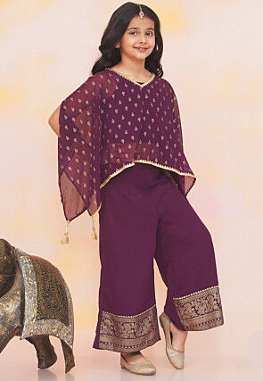 Foil Printed Georgette Kaftan Kurta Set in Violet