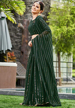 Foil Printed Georgette Lehenga in Dark Green