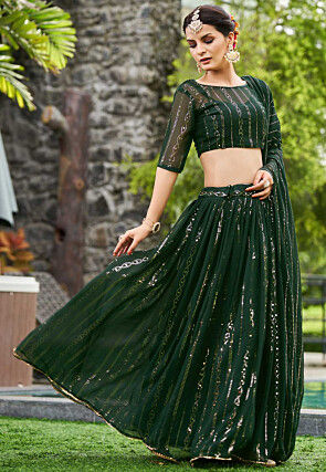 Foil Printed Georgette Lehenga in Dark Green