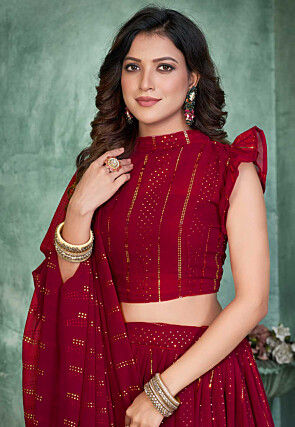 Foil Printed Georgette Lehenga in Maroon