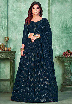 Foil Printed Georgette Lehenga in Navy Blue