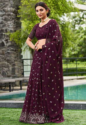 Foil Printed Georgette Lehenga in Wine