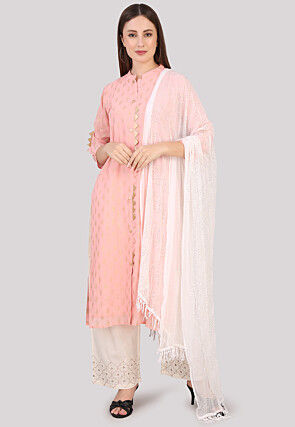 Foil Printed Georgette Pakistani Suit in Peach Pink