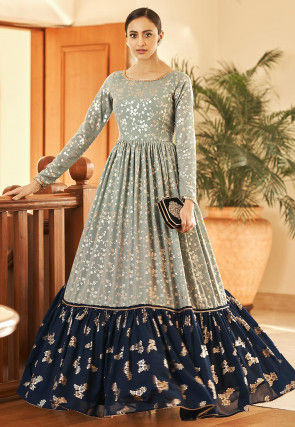 Foil Printed Georgette Ruffled Gown in Dusty Green and Navy Blue