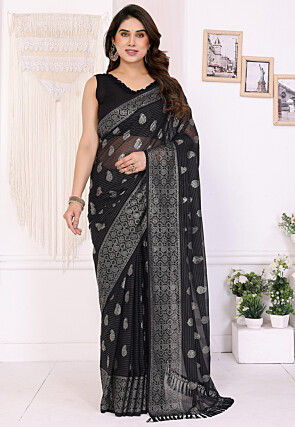 Foil Printed Georgette Saree in Black