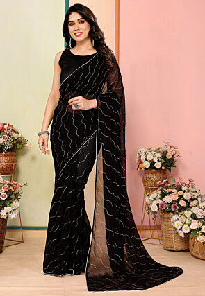 Foil Printed Georgette Saree in Black
