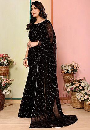 Foil Printed Georgette Saree in Black