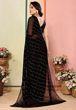 Foil Printed Georgette Saree in Black