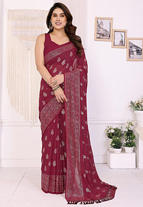 Foil Printed Georgette Saree in Maroon