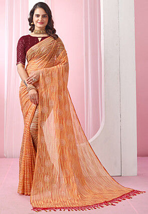 Foil Printed Georgette Saree in Orange