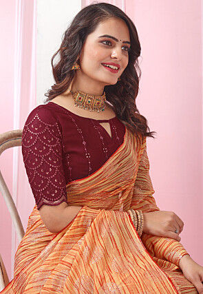 Foil Printed Georgette Saree in Orange