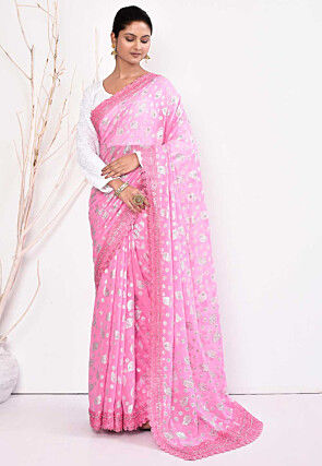Foil Printed Georgette Saree in Pink