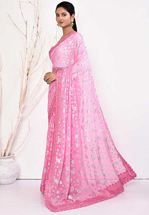 Foil Printed Georgette Saree in Pink