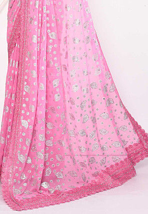 Foil Printed Georgette Saree in Pink