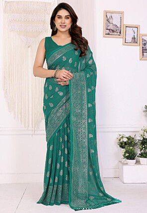 Foil Printed Georgette Saree in Teal Green