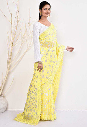 Foil Printed Georgette Saree in Yellow