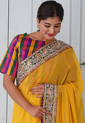 Foil Printed Georgette Saree in Yellow